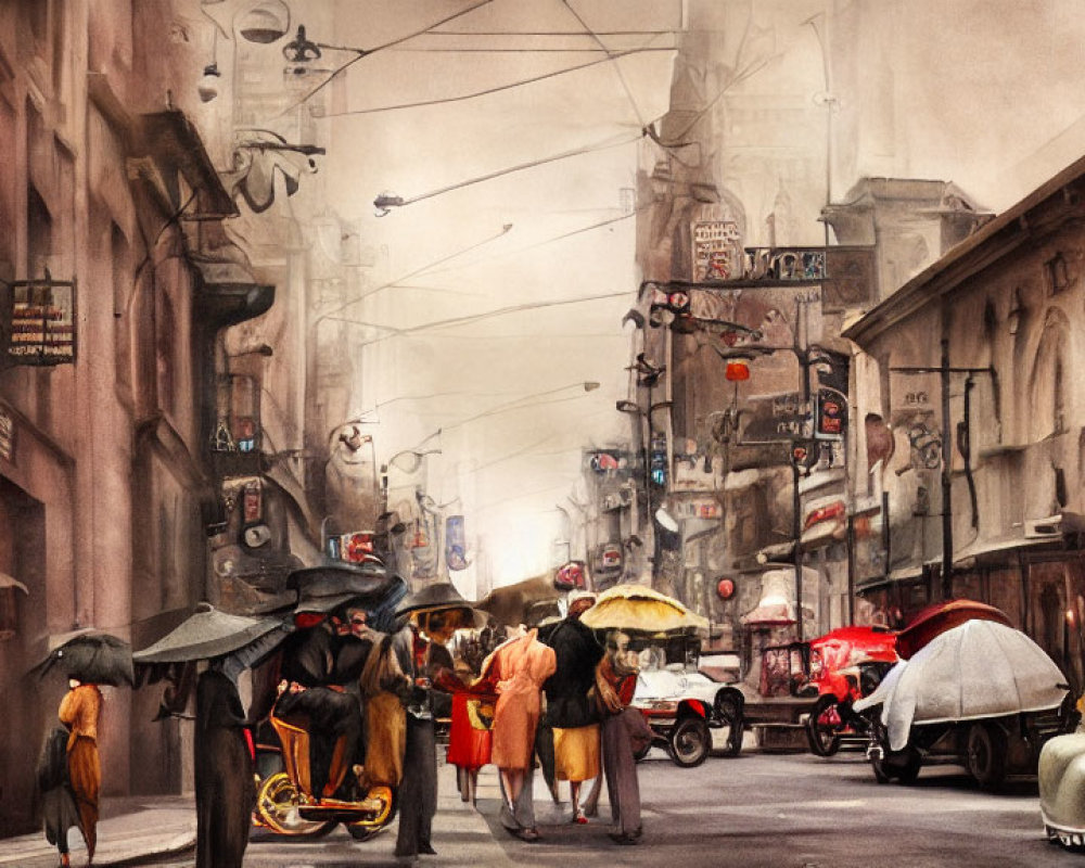 Vintage Street Scene with Classic Cars and Pedestrians in Sepia Tones