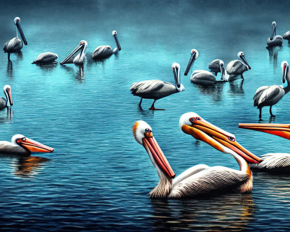 Colorful Pelicans on Serene Blue Water with Foggy Background