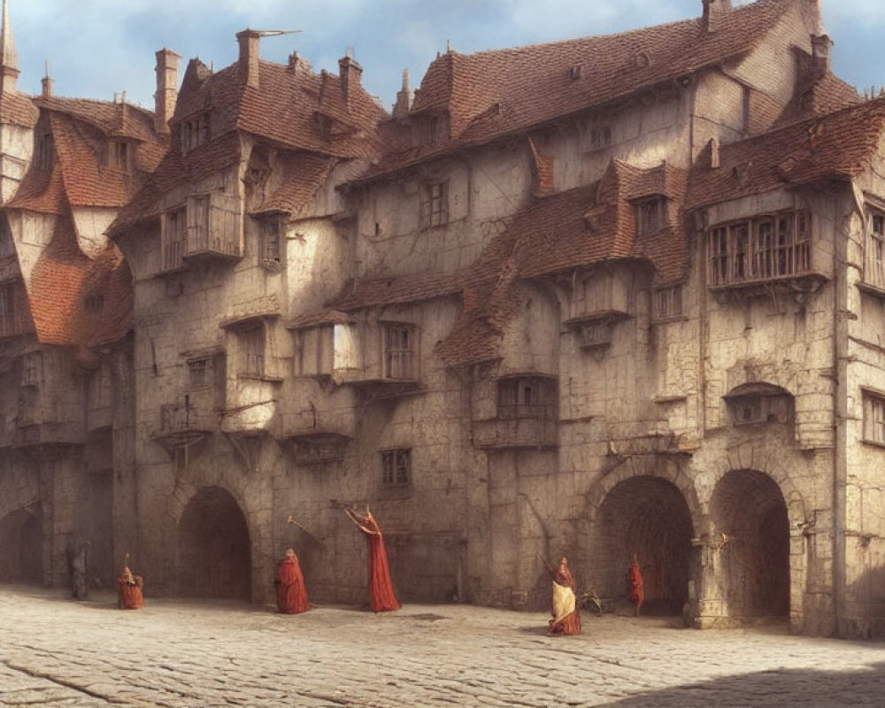 Medieval cobblestone street with people in period clothing and old stone buildings