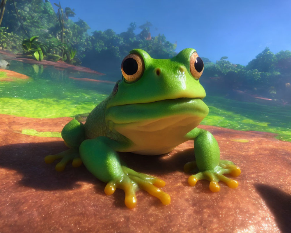 Colorful Cartoon Frog Sitting in Lush Environment