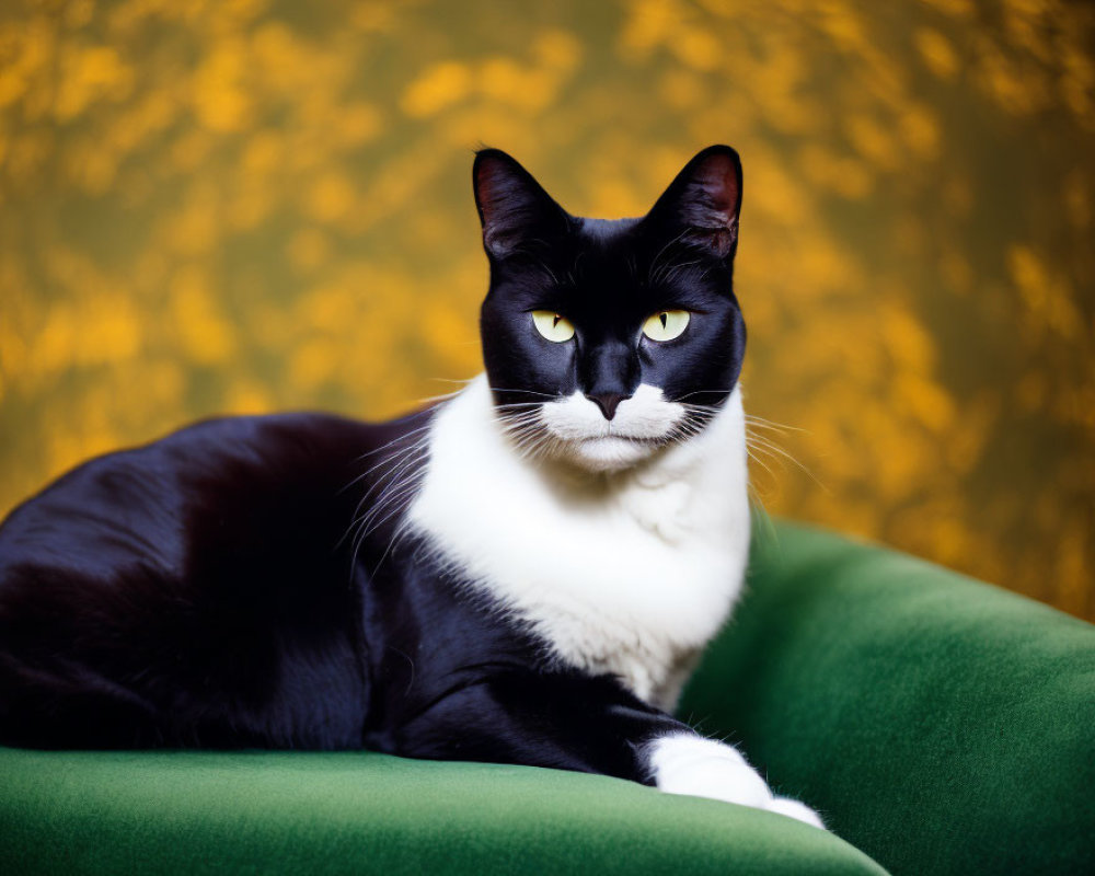 Black and White Cat with Yellow Eyes on Green Surface