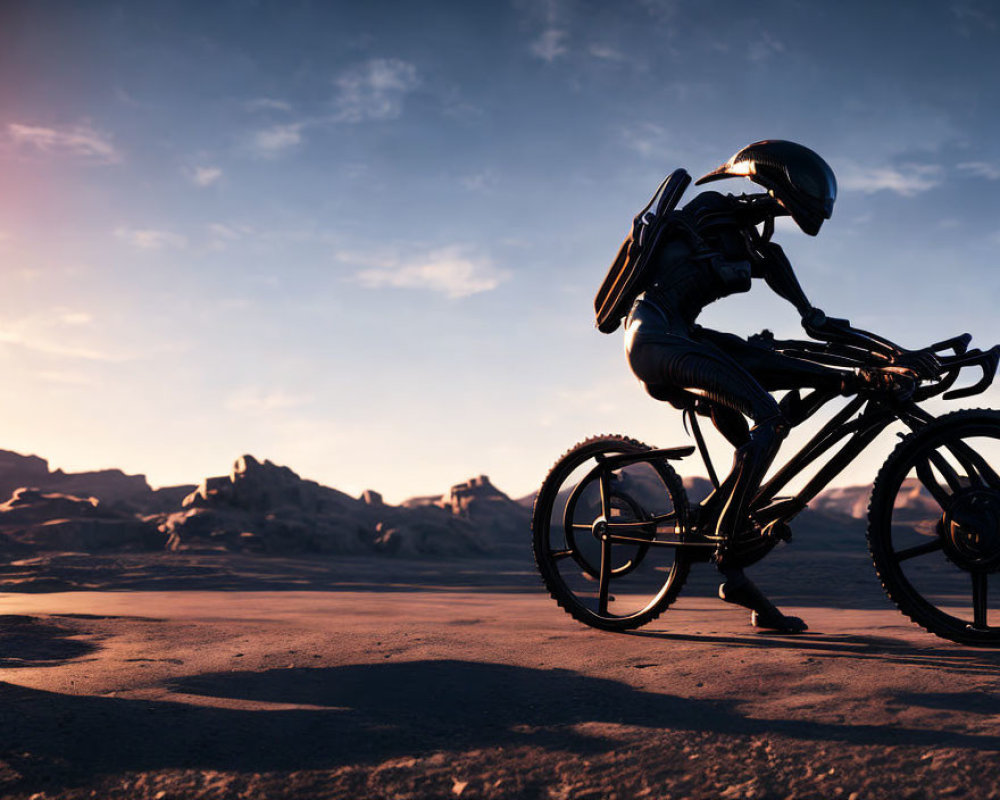 Cyclist in full-body suit rides bike in desert at sunset