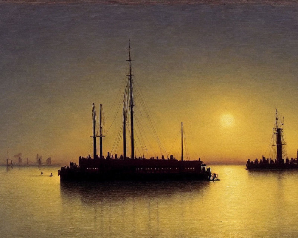 Sunset Seascape with Silhouetted Ships and People in Golden Sky