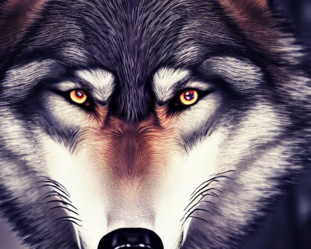 Detailed digital artwork: Wolf's face with intense yellow eyes and fur in black, gray, and brown