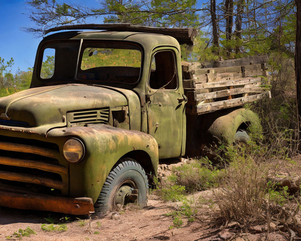 Rusted Green Pickup Truck Abandoned in Woods