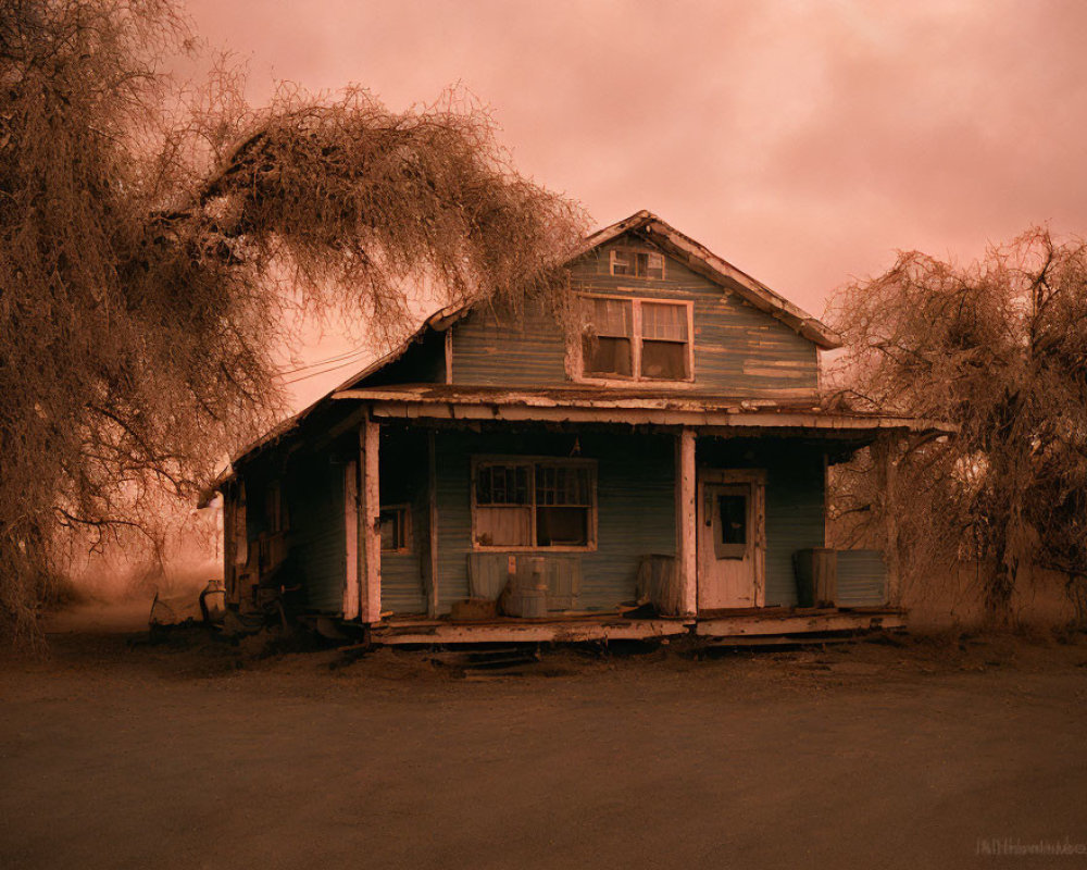 Weathered Blue House with Boarded-Up Windows in Eerie Setting