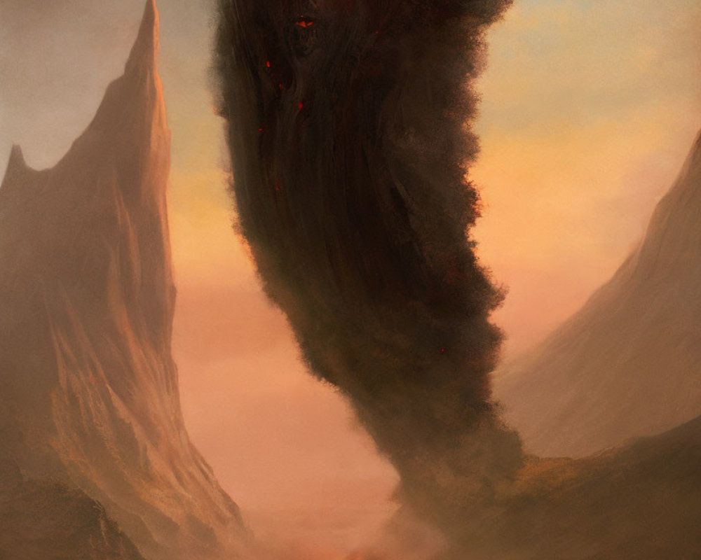 Fantastical landscape with volcanic eruption creating monstrous face in smoke