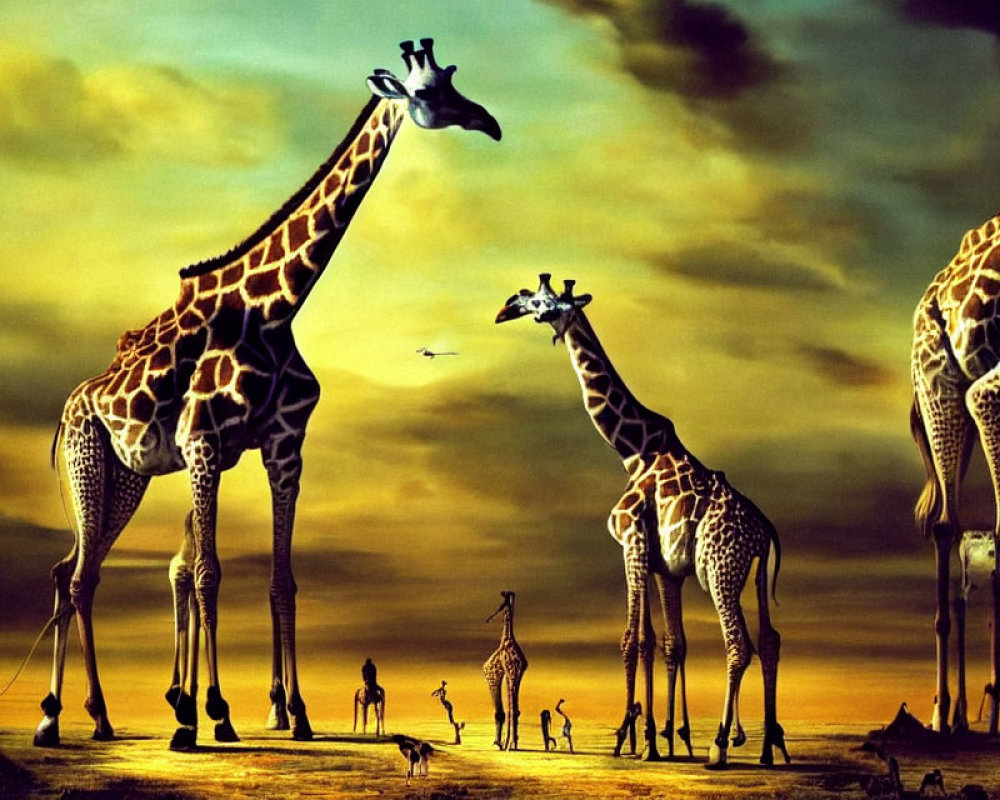 Surreal oversized giraffes in golden sunset with small figures