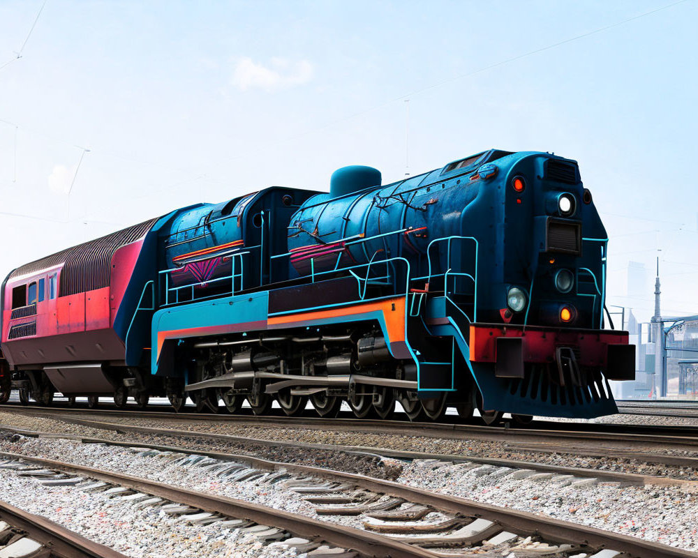 Colorful locomotive and passenger car on railway tracks in industrial setting