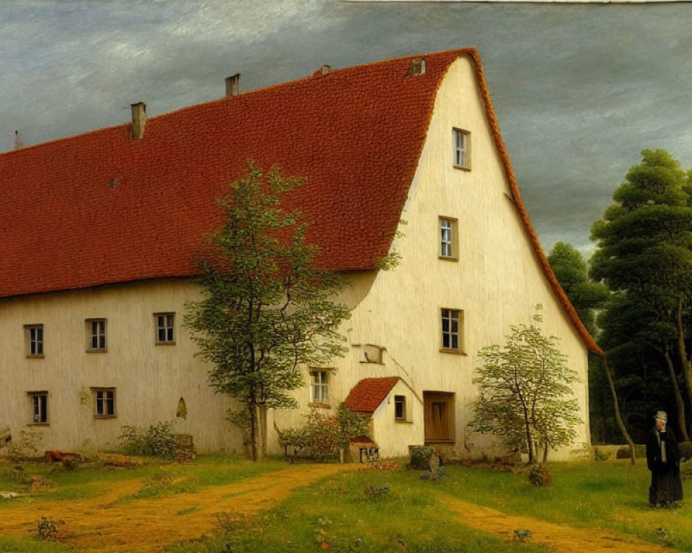 White farmhouse with red roof in green landscape under cloudy sky and figure in black.