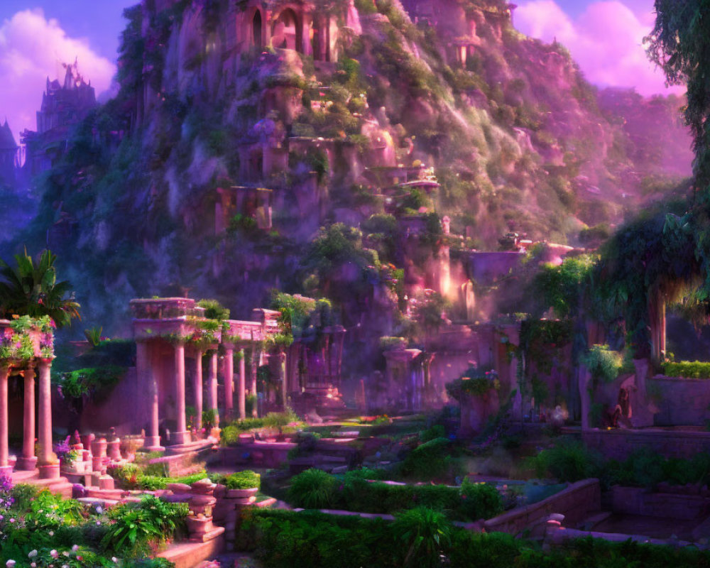 Mystical ancient city with lush greenery, ruins, and mountain backdrop in soft purple haze