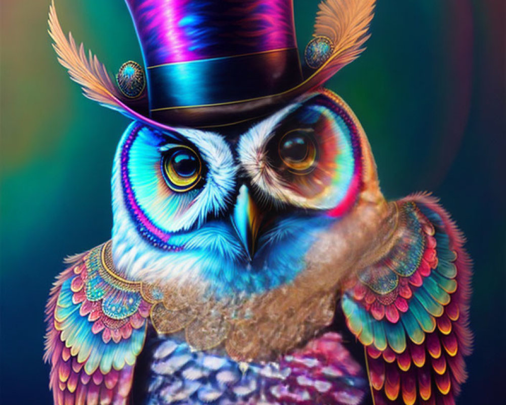 Colorful Stylized Owl in Top Hat on Blurry Background