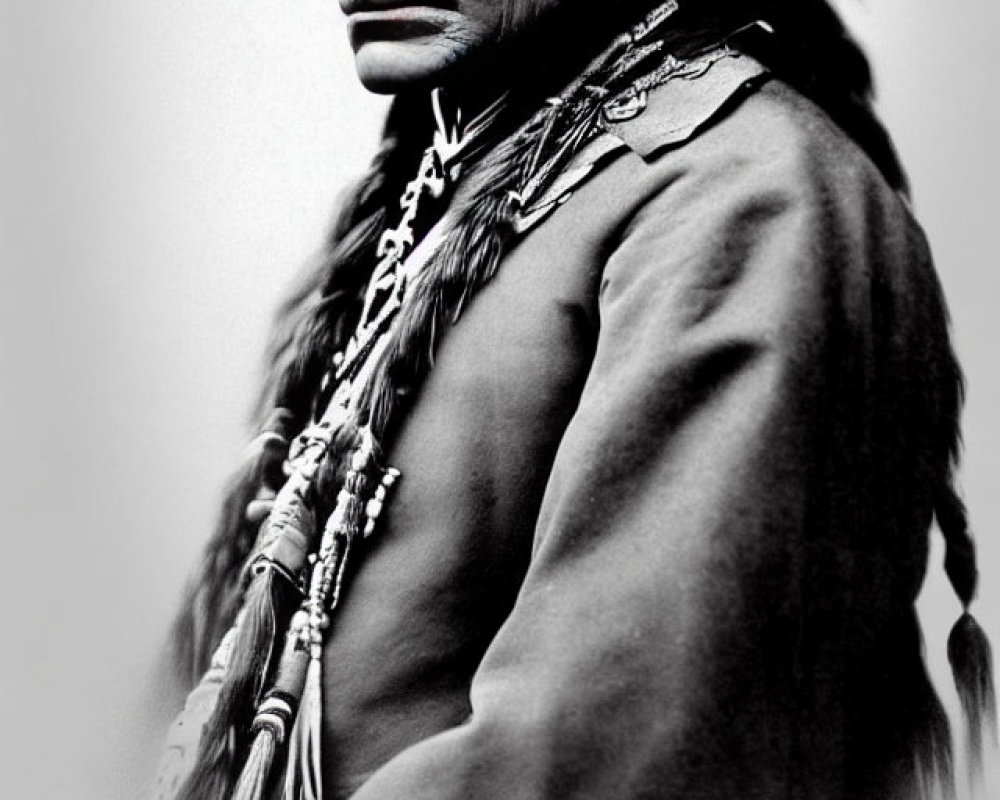 Monochrome portrait of a Native American man with braided hair in fringed garment.