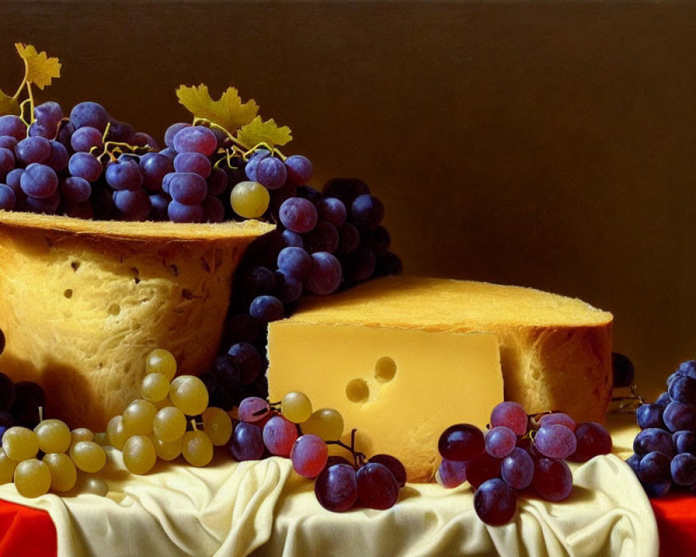 Still life image: wheel of cheese, grapes, grape leaves on cloth