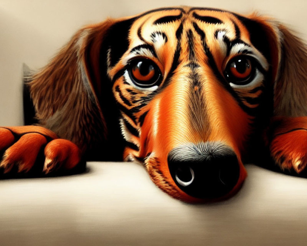 Digitally altered image of a dog painted as a tiger, gazing at the viewer