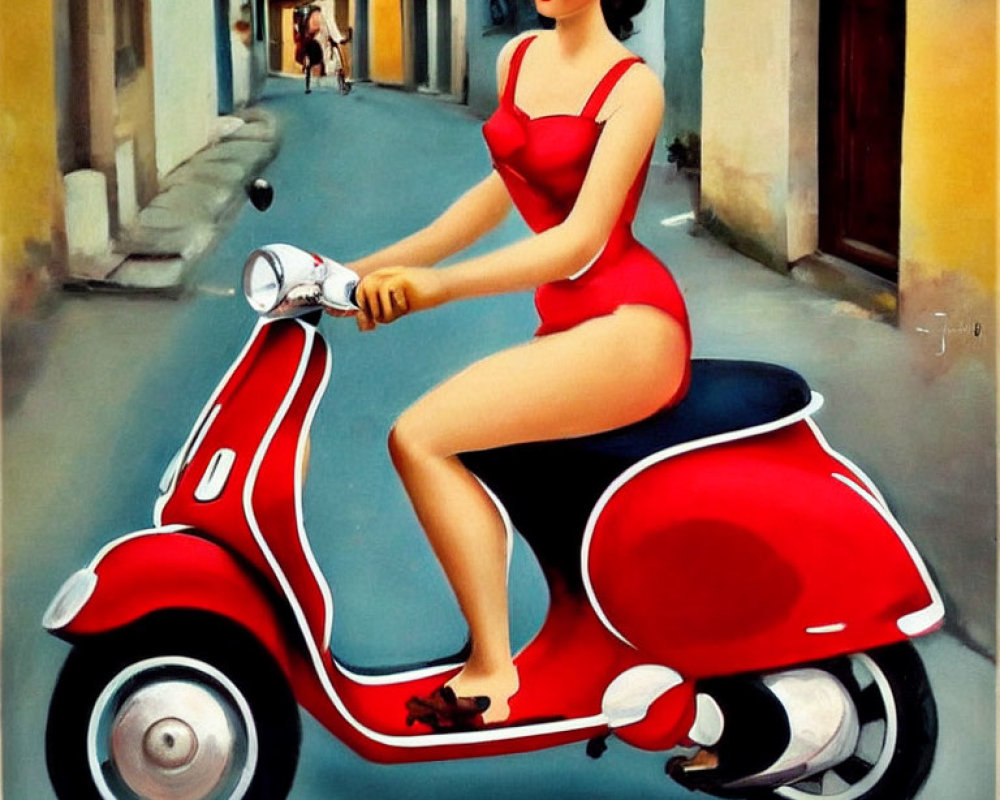 Stylized illustration: Woman in red swimsuit on scooter