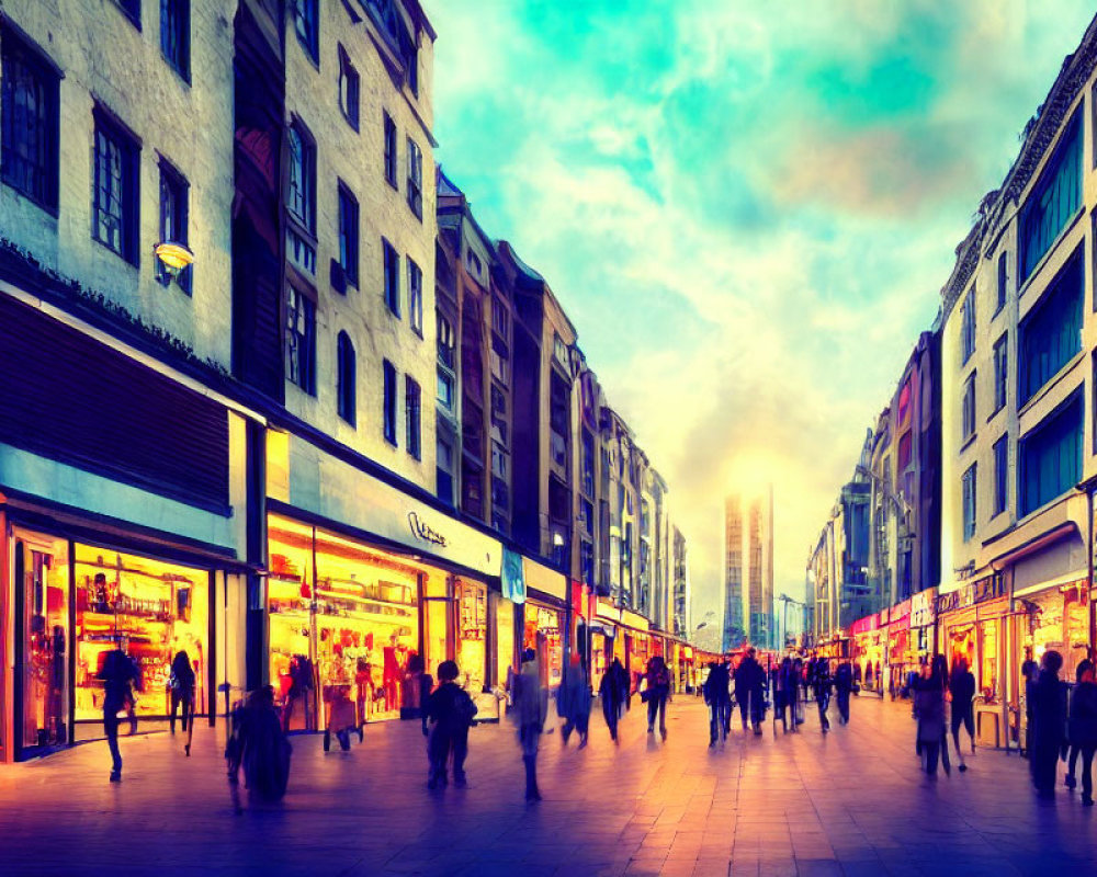 Vibrant Dusk City Street with Illuminated Shopfronts