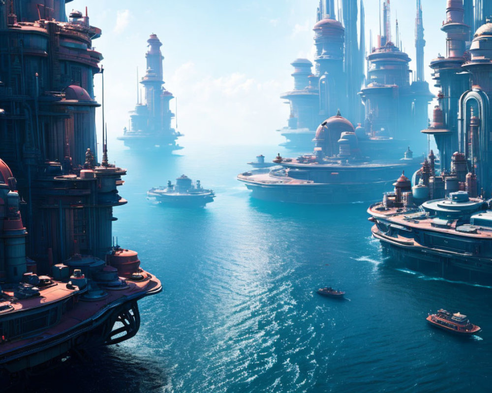 Towering futuristic cityscape over tranquil sea