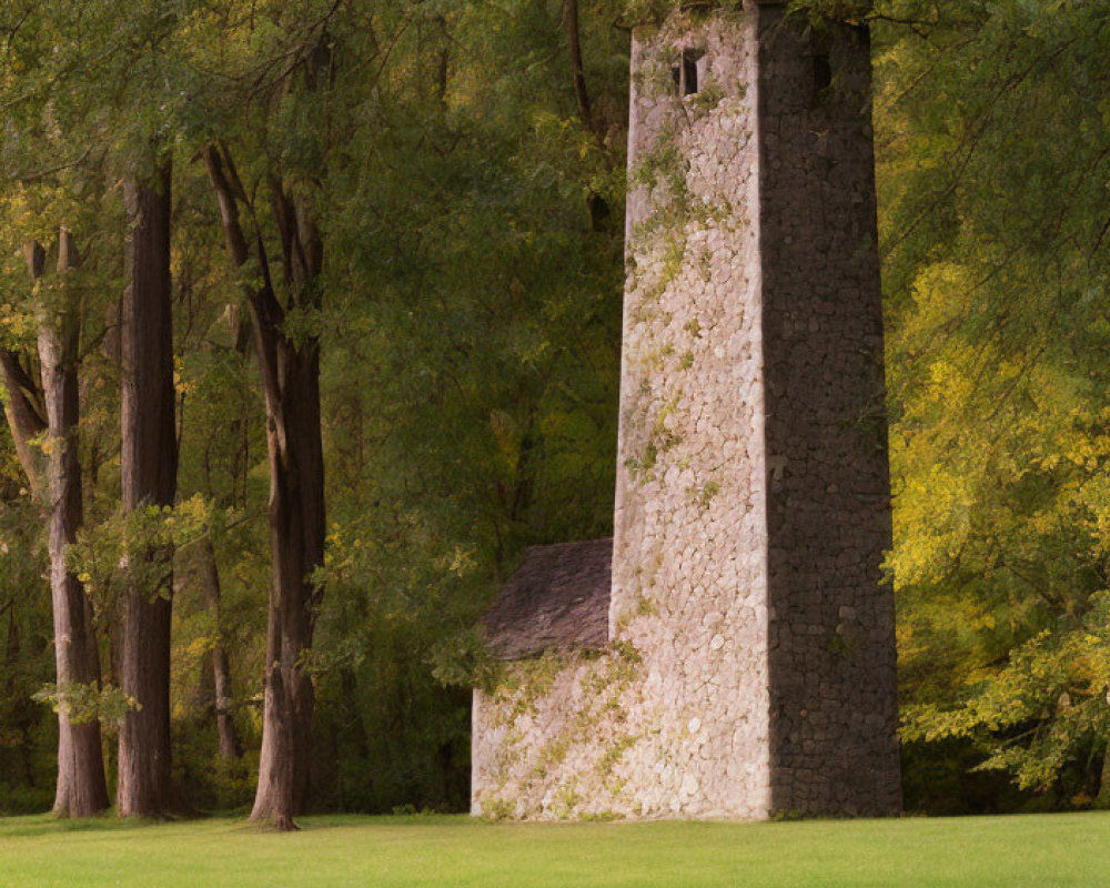 Stone tower and building surrounded by lush green trees and grassy lawn.