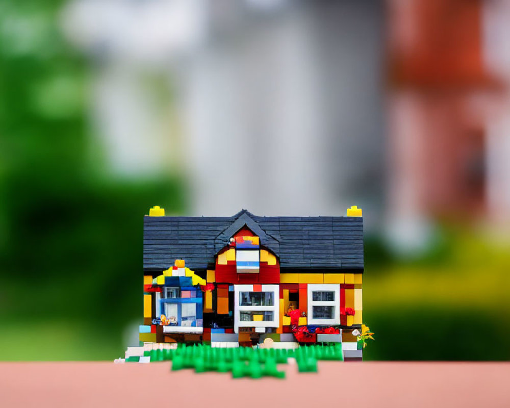 Colorful Lego House with Red Roof and Flower Details in Front of Blurred Real Houses