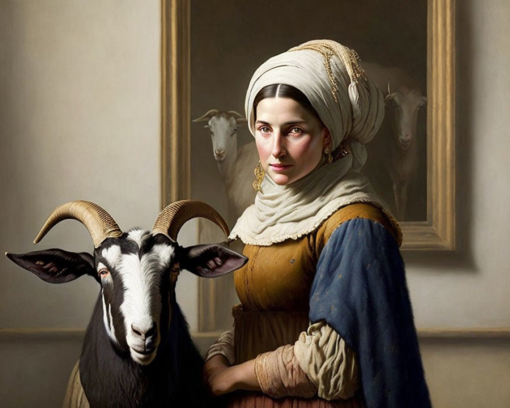 Traditional Attire Woman with White Headdress Beside Goat in Classical Portrait Style