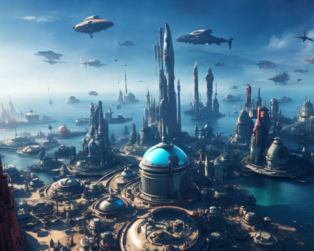 Futuristic cityscape with skyscrapers, flying vehicles, and blue-domed structure