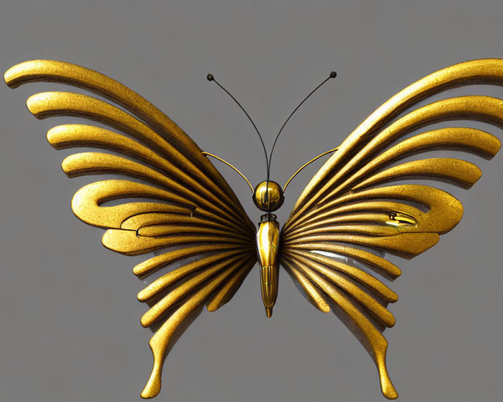 Golden metallic butterfly sculpture with elongated wings on neutral background