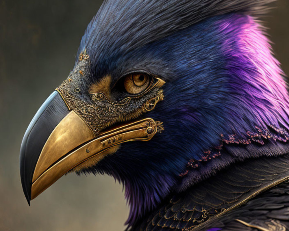 Bird with Human-Like Eye and Metallic Embellishments in Blue and Purple Plumage