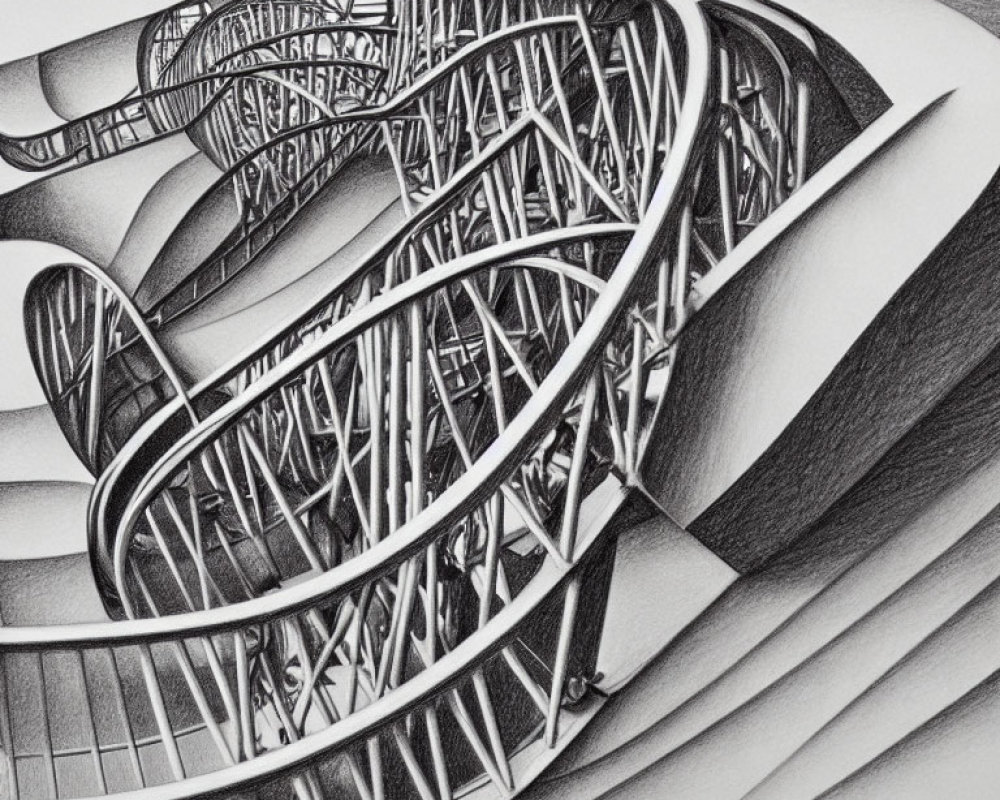 Intricate black and white abstract drawing with swirling patterns and optical illusion