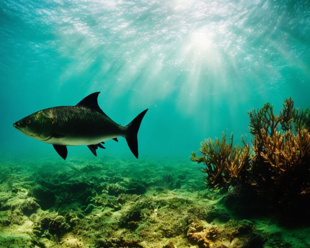 Underwater Scene: Fish Swimming Above Coral Reef