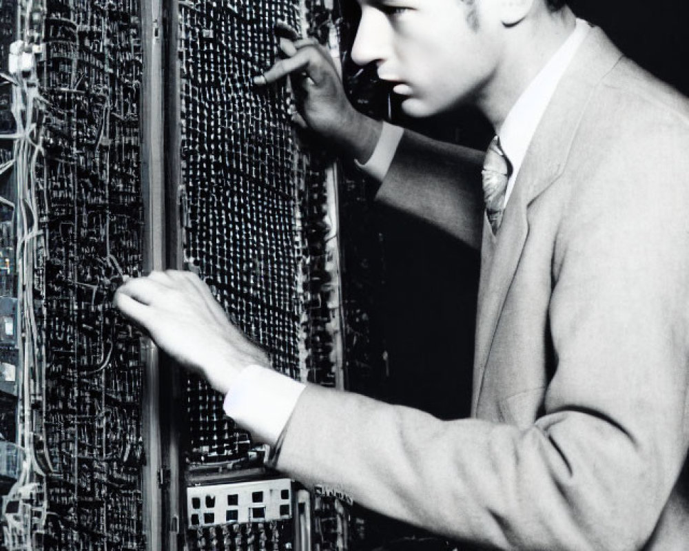 Businessman inspects intricate electronic equipment with cables and circuits