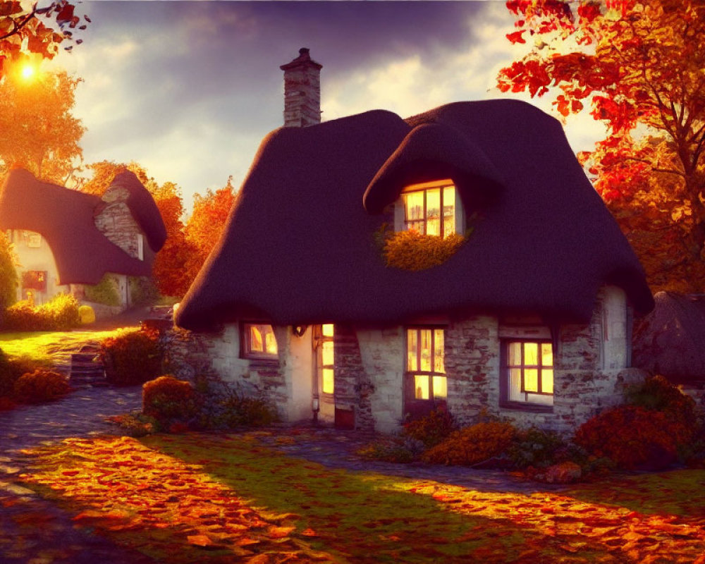 Cozy Thatched-Roof Cottage in Autumn Sunset