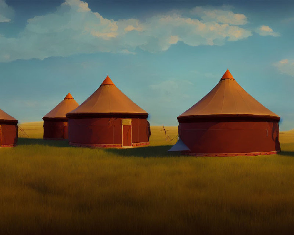 Traditional conical roof tents in grassy field under clear sky at dusk or dawn