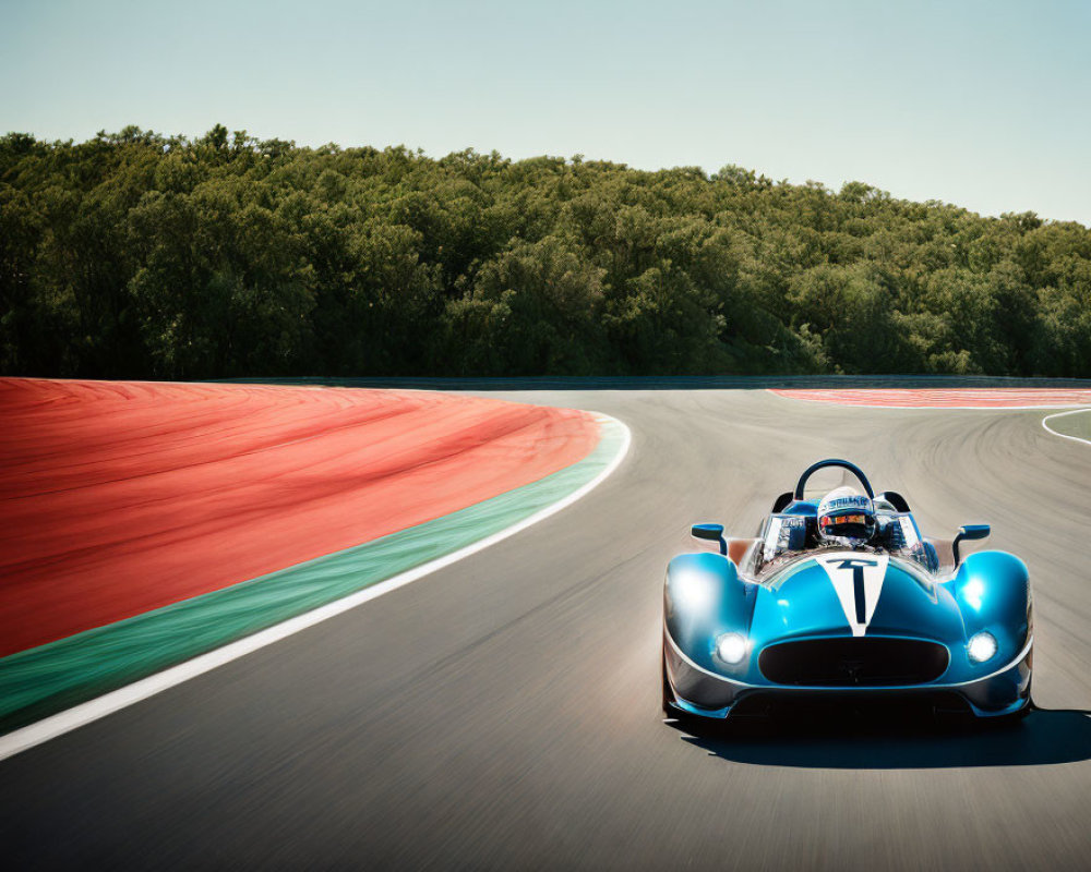 Blue vintage race car with white stripe and number 7 on vibrant track with red and green curbs