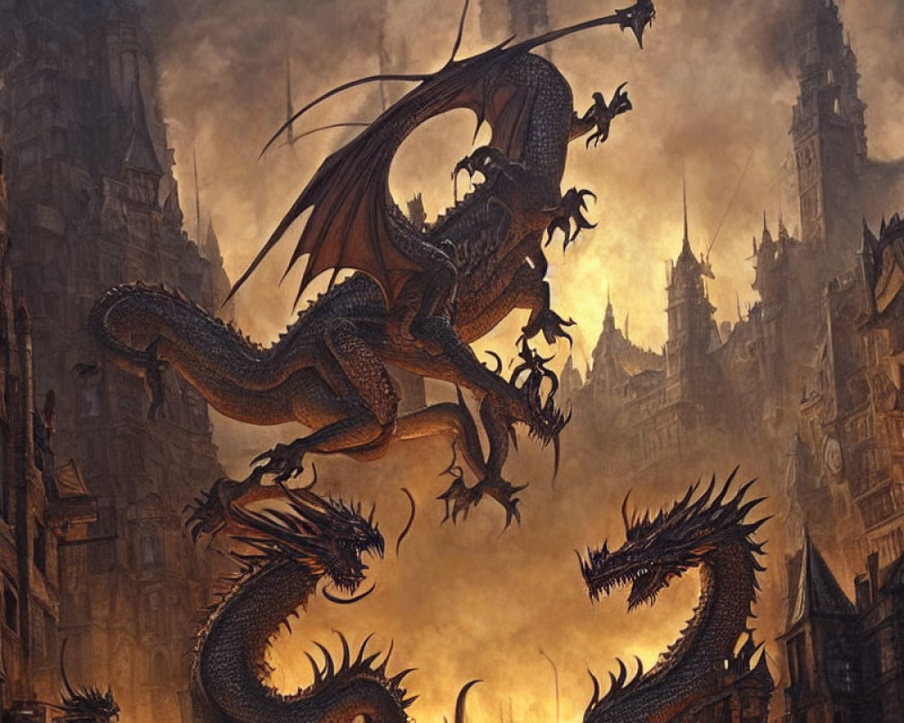 Majestic dragon with widespread wings among towering gothic spires