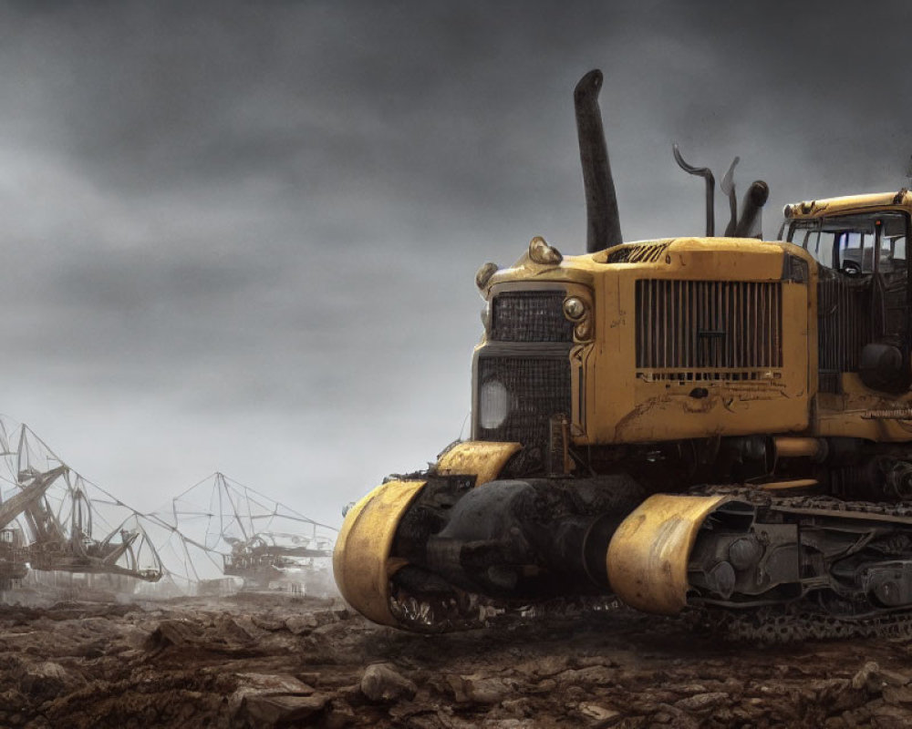 Yellow bulldozer and cranes on construction site under cloudy sky