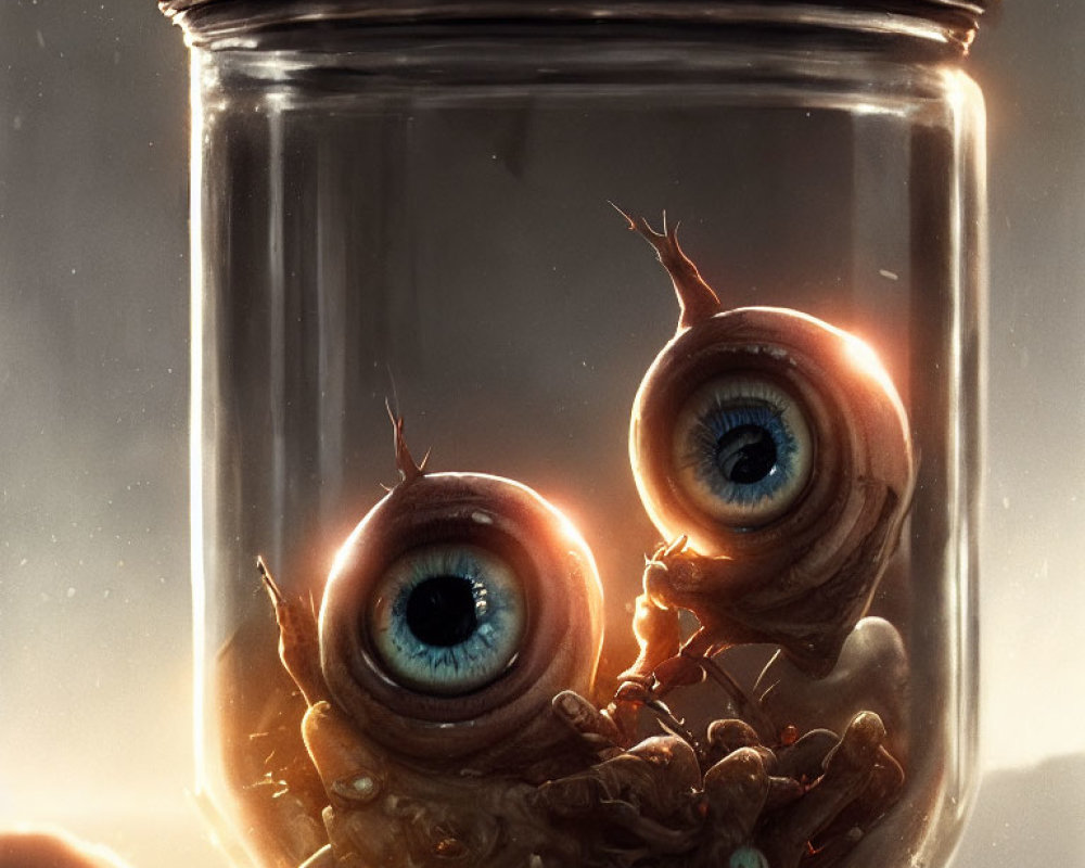 Detailed Eyes Encased in Glass Jar with Warm Glow