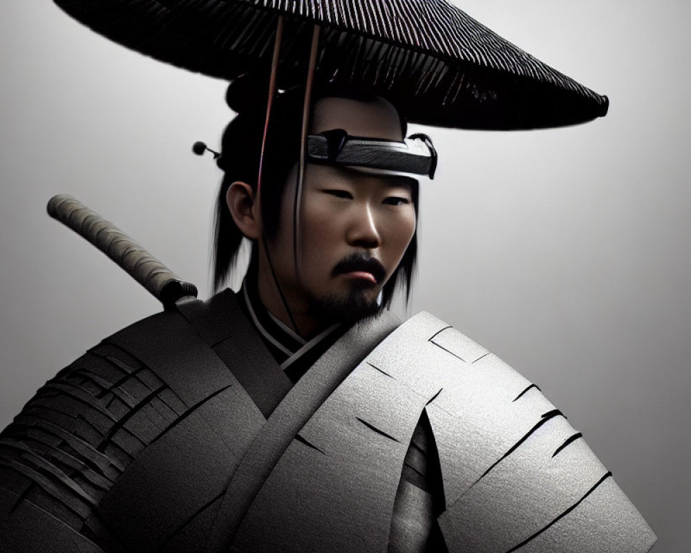 Traditional Samurai in Armor with Katana Sword and Conical Hat