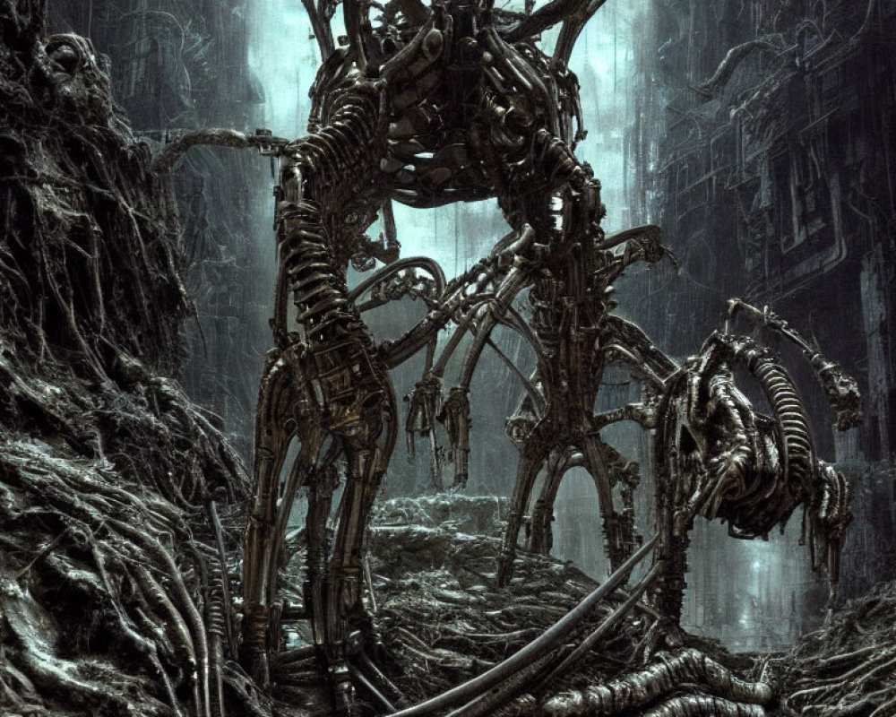 Eerie biomechanical structures in a dark, Gothic setting