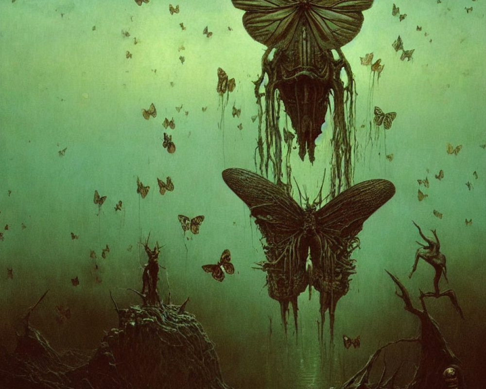 Surreal green-toned artwork with oversized butterflies, desolate landscape, and solitary figure