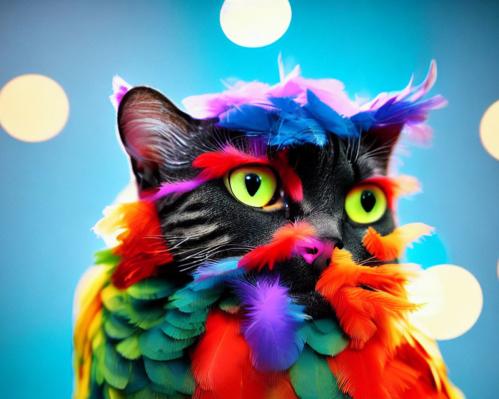 Black Cat in Colorful Feather Boa on Blue Bokeh Background