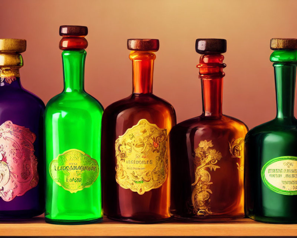 Vintage Bottles with Ornate Labels in Purple, Green, Amber, and Teal