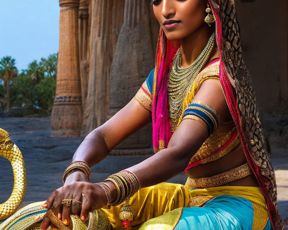 Traditional Indian Attire Woman with Intricate Jewelry and Historic Architecture