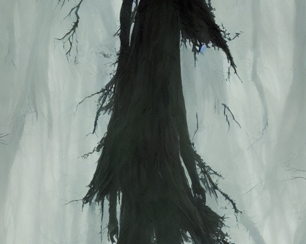 Mossy figure in dark garments among twisted trees in foggy forest