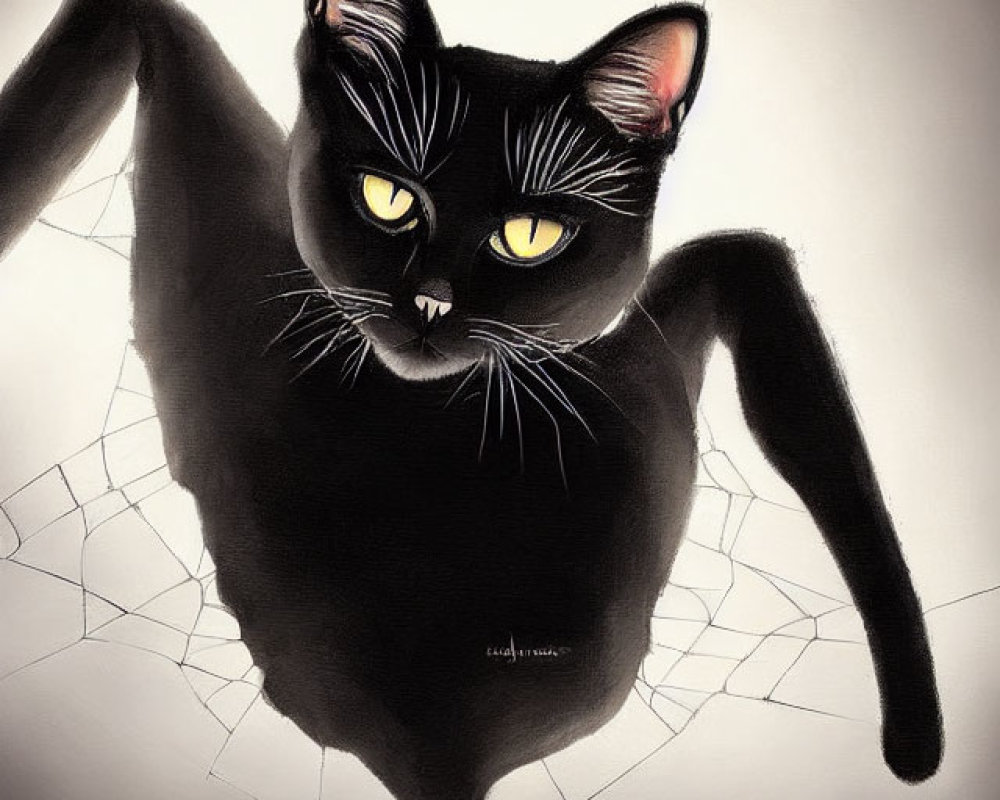 Stylized black cat illustration with yellow eyes and spiderweb accents on gray background