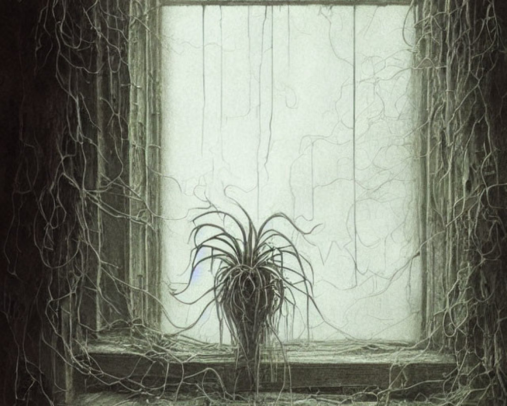 Dimly Lit Room with Cobweb-Covered Window and Wilting Plant