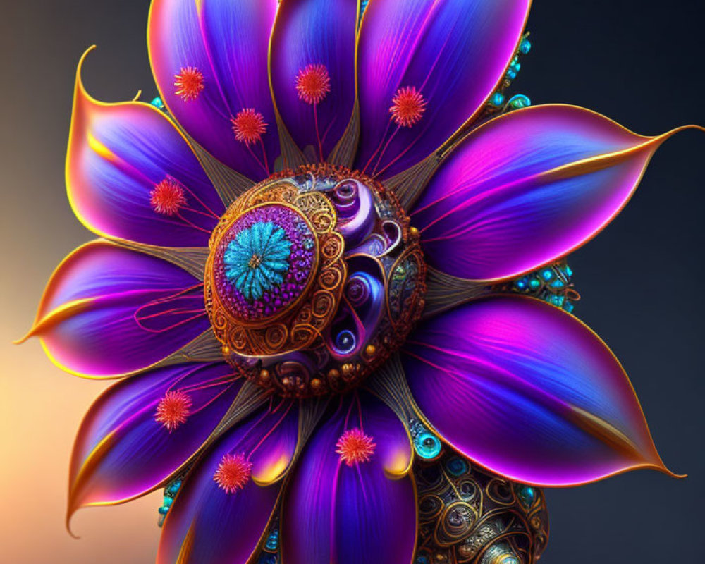 Colorful digital artwork: stylized flower with iridescent purple and blue petals, golden filig