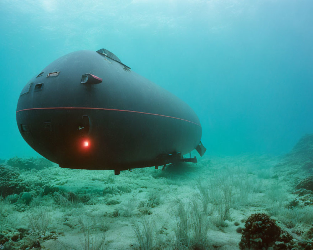 Oval-shaped black submarine among marine life with lights