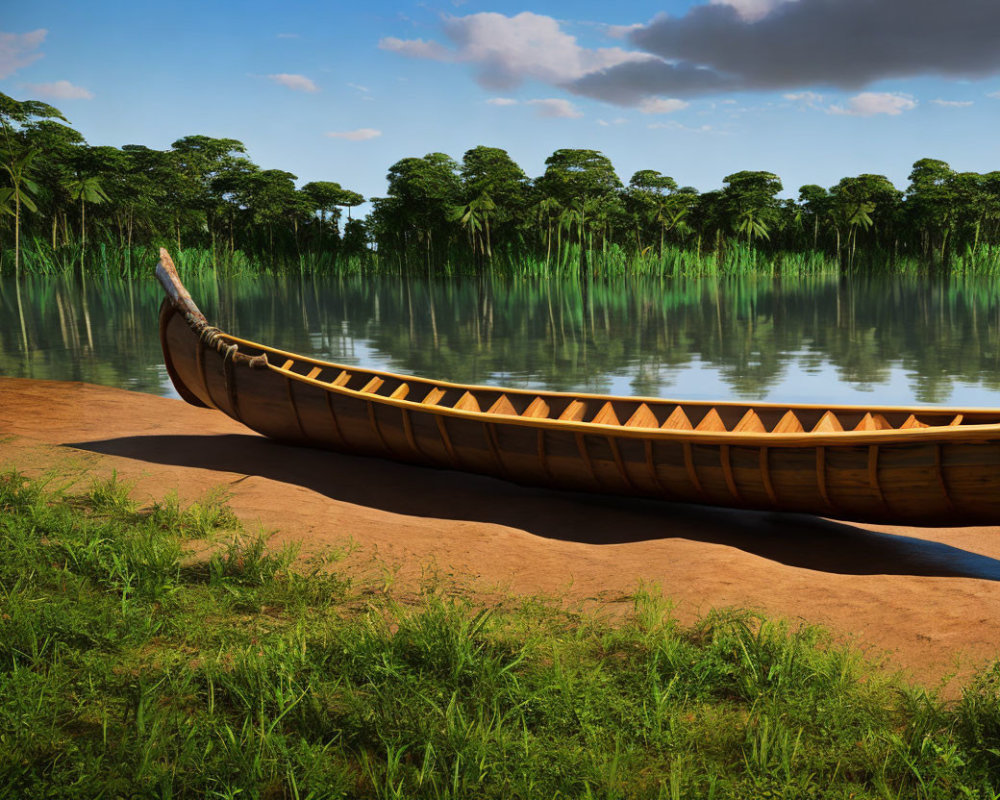 Wooden Canoe Resting on Sandy Riverbank with Calm Waters and Lush Greenery