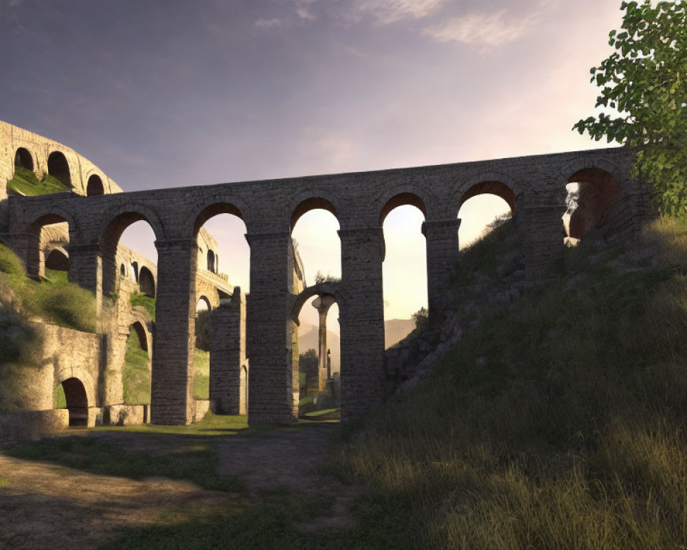 Stone aqueduct with arches in serene grass landscape, historical grandeur evoked